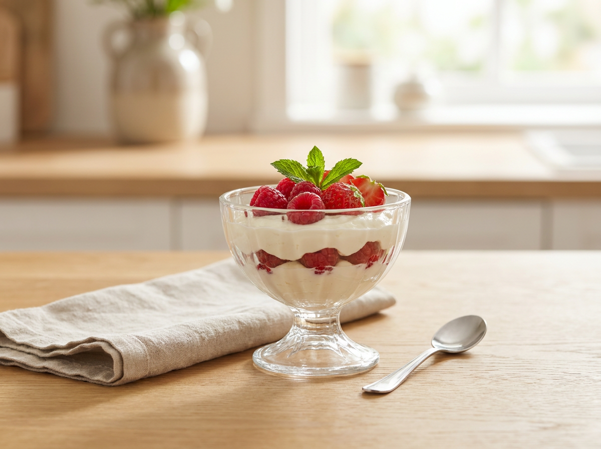 Schale mit cremig geschlagenem Quarkdessert, garniert mit roten Beeren und Minze