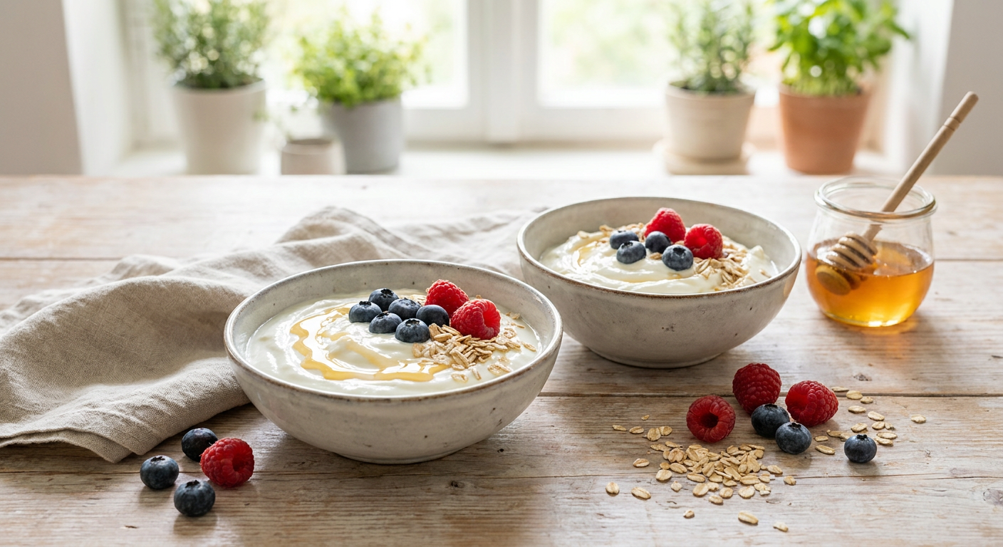 Frühstückstisch mit cremigem Magerquark, Skyr, frischen Beeren und Nüssen