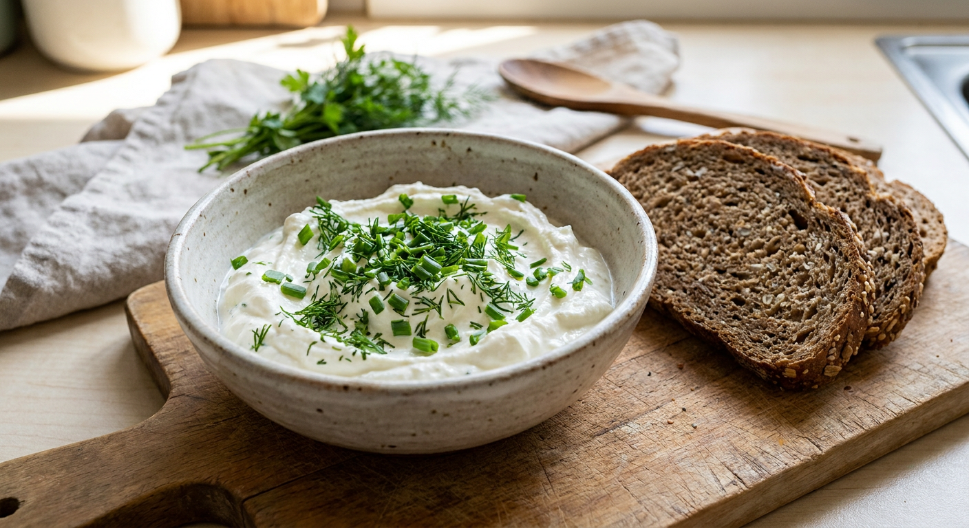 Schale mit frischem Kräuterquark und Dill neben rustikalem Vollkornbrot auf einem Holzbrett